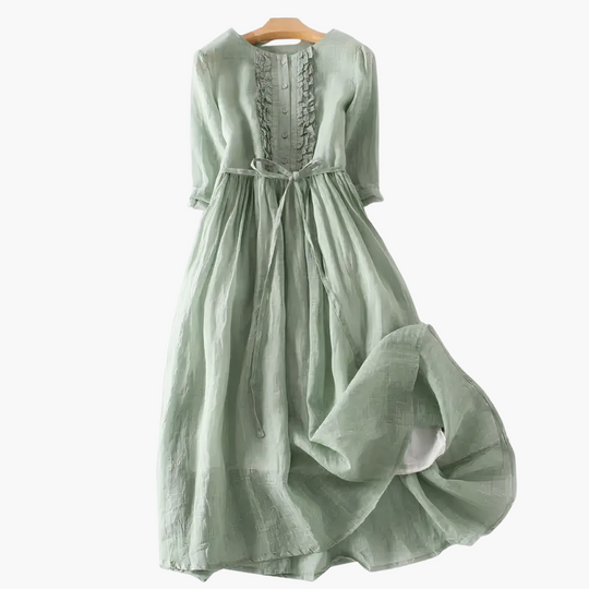 Long Elegant Dress for Women - Button Placket & Tie Waist