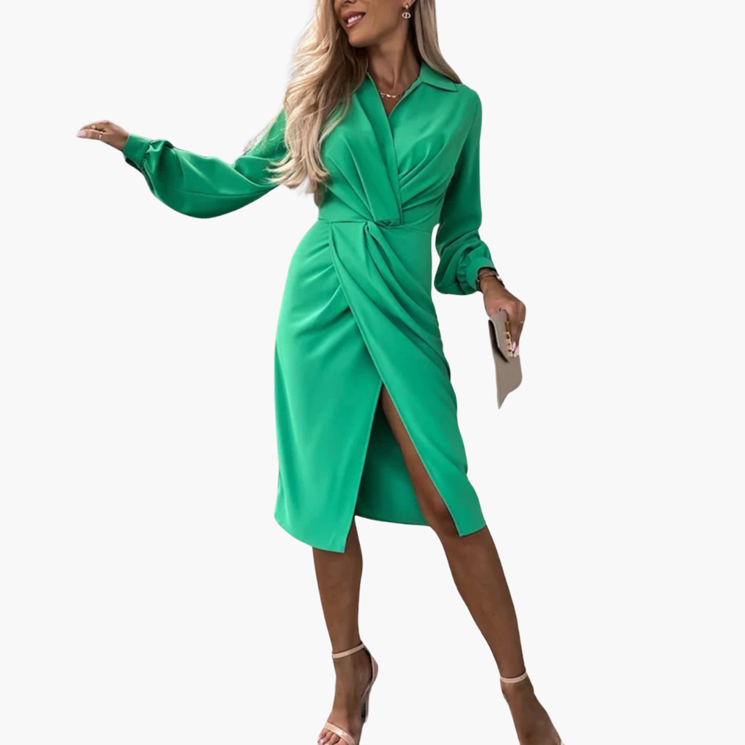 Wrap Dress with V-Neck and Long Sleeves - Women's Elegant Fit