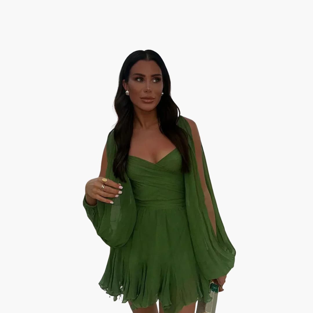 Women’s all-season mini dress with long sleeves and waist tie