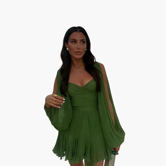 Women’s all-season mini dress with long sleeves and waist tie