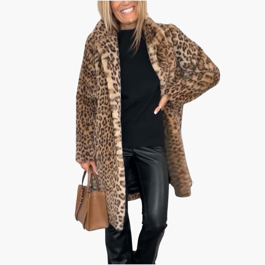Leopard Print Faux Fur Coat - Women's Long Winter Jacket