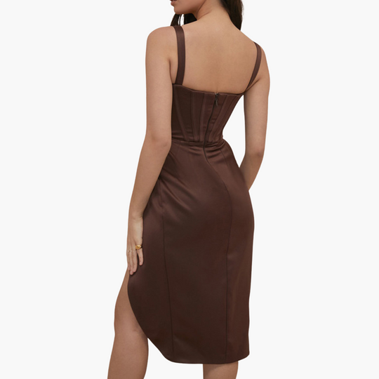 Satin midi dress - elegant design for women with deep V