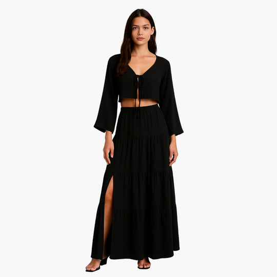 Two-Piece Set for Women - Tie-Front Top & High-Slit Skirt