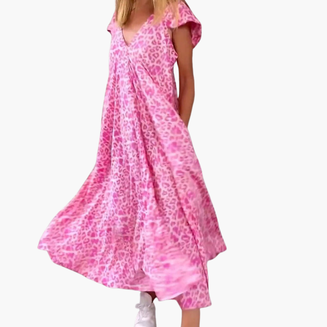 Leopard Print Midi Dress for Women – V-Neck & Loose Fit