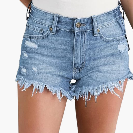 Women's denim shorts with high waist and ripped details