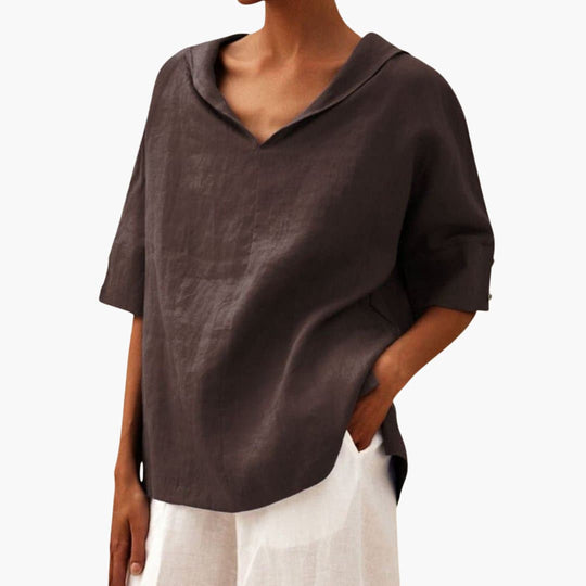 Women’s short sleeve blouse with V-neck and side slits