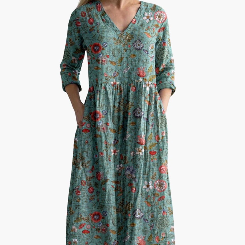 Women’s long floral dress with V-neck and side pockets