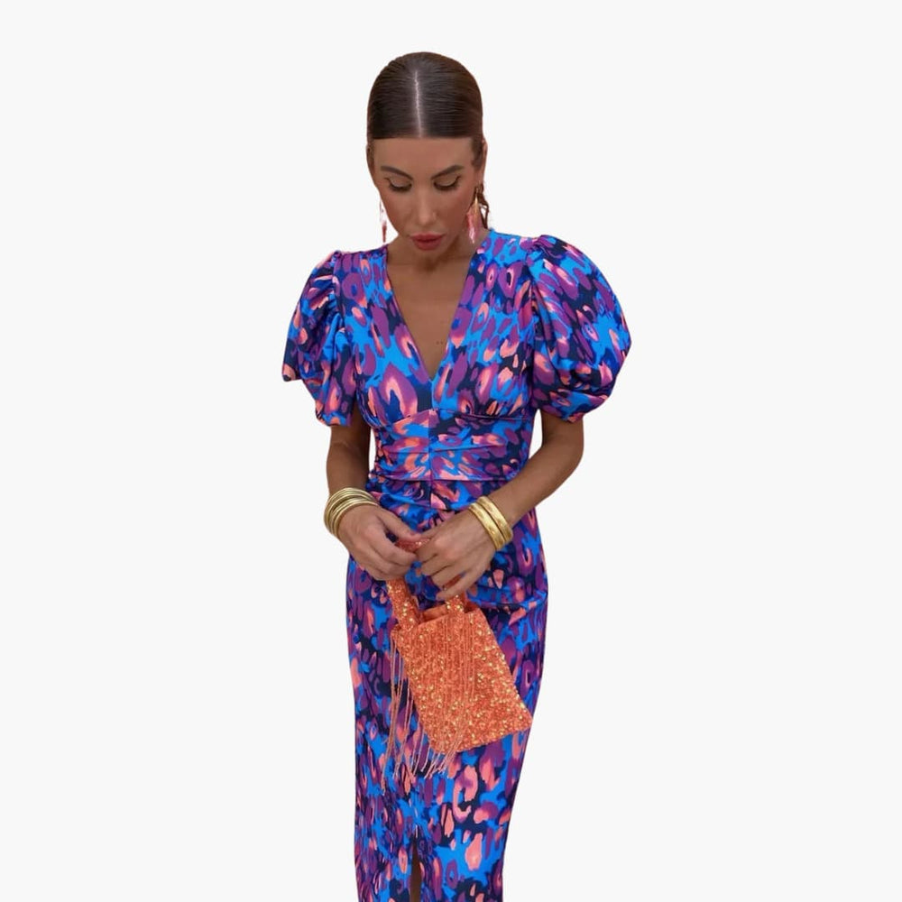 Puff Sleeve Midi Dress for Women - Ruched Waist Party Look