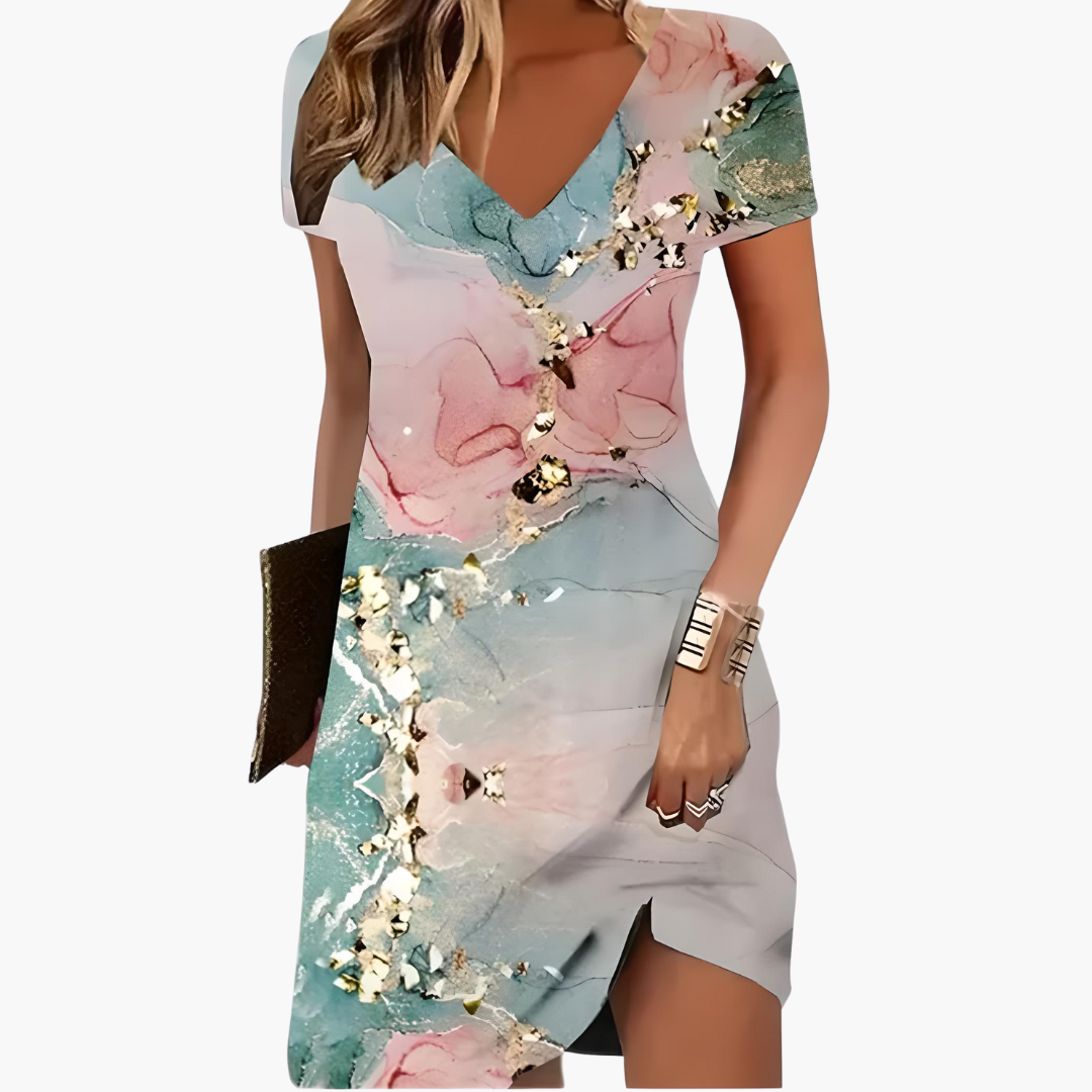 Women’s cocktail dress with V-neck and short sleeves