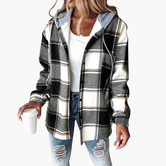 Plaid Flannel Shacket - Women's Hooded Button-Up Jacket