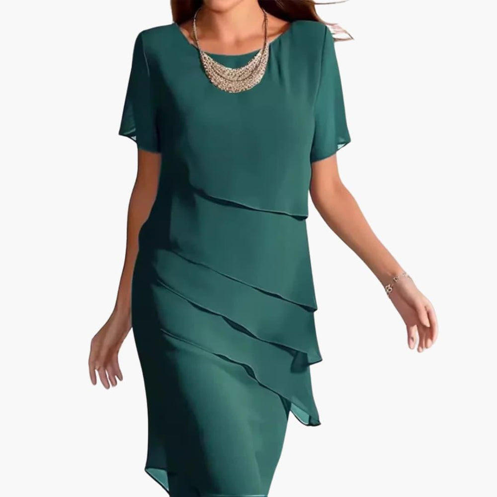 Layered Ruffle Midi Dress with Sleeves - Elegant for Women