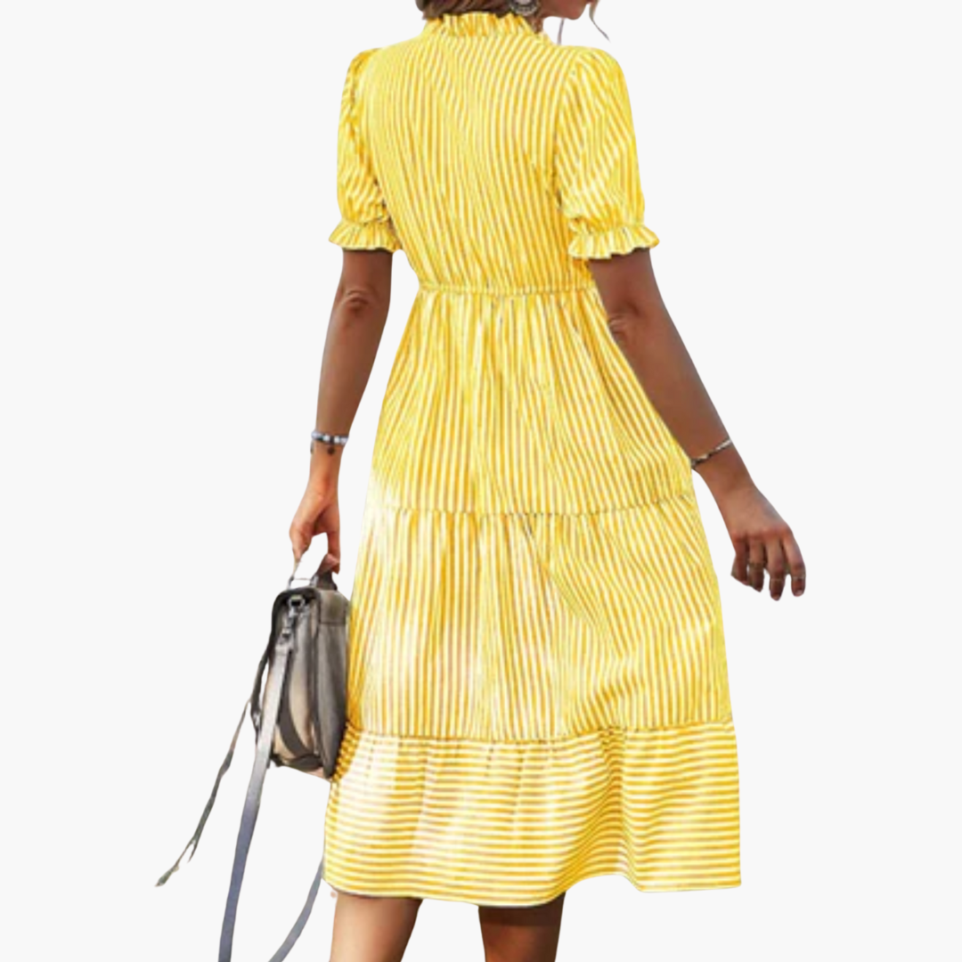 Striped V-Neck Dress with Puff Sleeves - Women's Tiered Hem