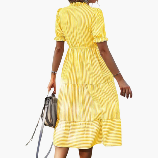 Striped V-Neck Dress with Puff Sleeves - Women's Tiered Hem