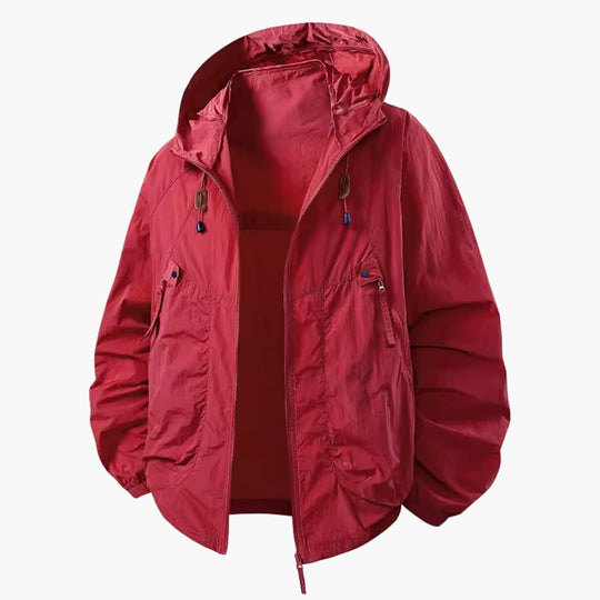 Unisex windbreaker jacket with hood and zip pockets for outdoors
