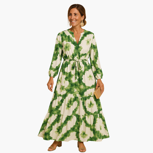 Elegant Tie Waist Maxi Dress for Women – V-Neck & Long Sleeve