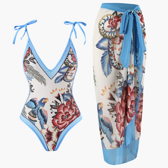 Floral One-Piece Swimsuit Set - for Women with Sarong