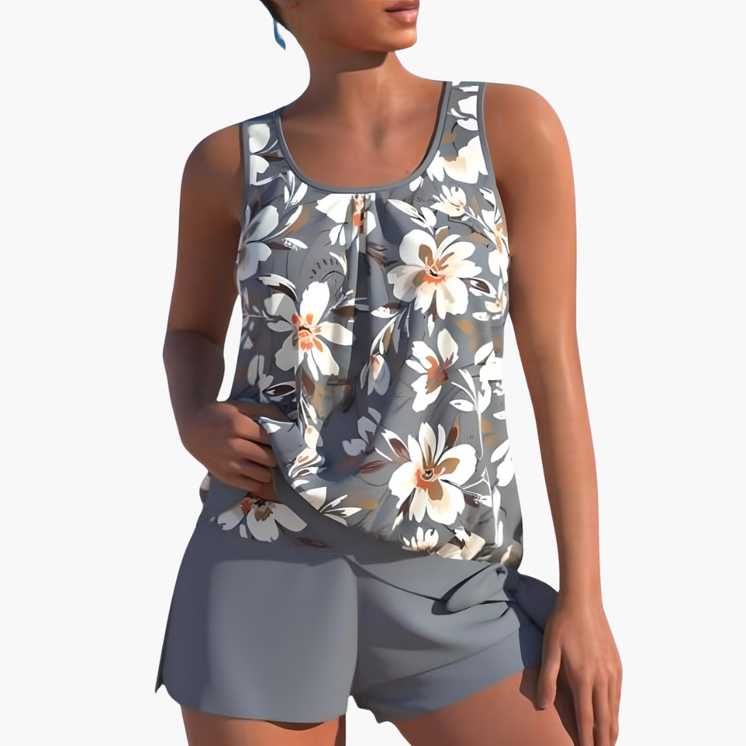 Women's summer tankini swimwear set with shorts and scoop neck