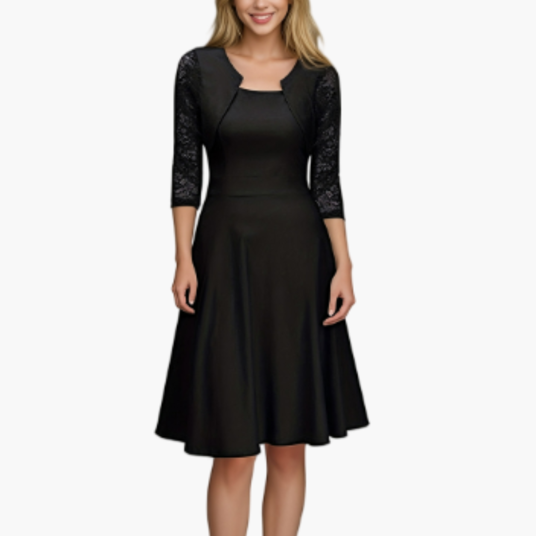 Elegant Dress for Women - Lace Sleeves & Flared Skirt