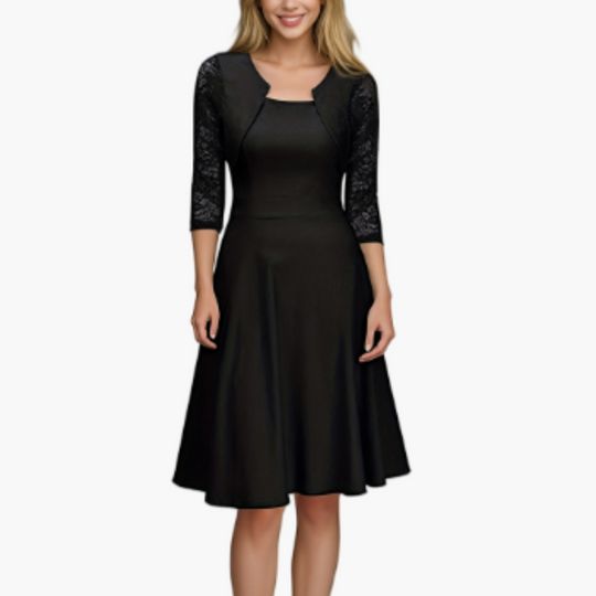 Elegant Dress for Women - Lace Sleeves & Flared Skirt