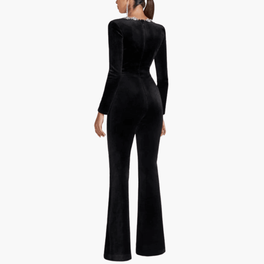 Velvet Evening Jumpsuit – Women's Embellished Square Neck