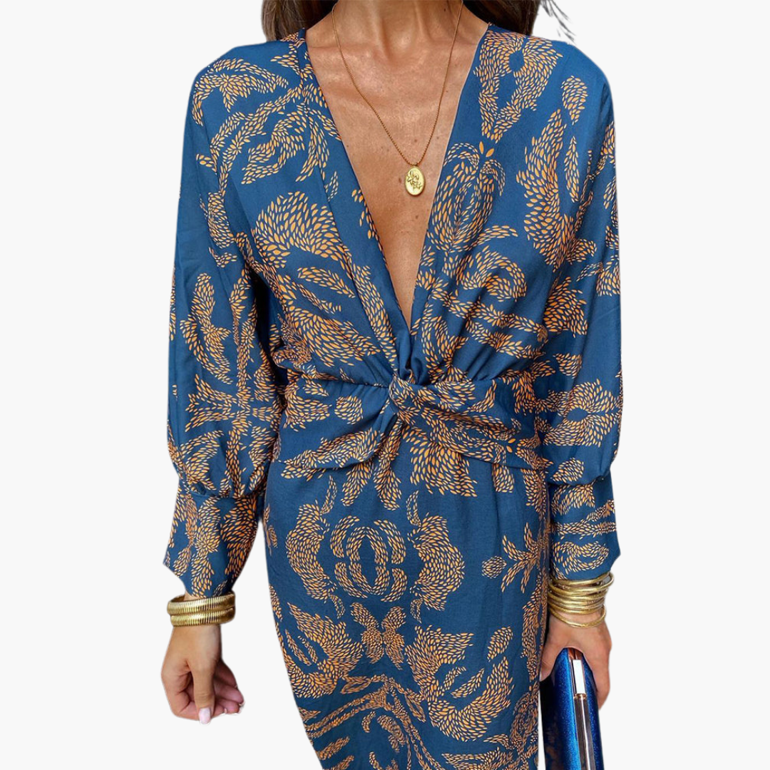 Printed Twist Front Midi Dress for Women – V-Neck & Long Sleeve
