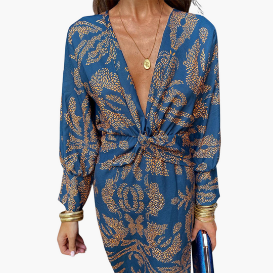 Printed Twist Front Midi Dress for Women – V-Neck & Long Sleeve