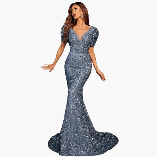 Evening dress with puff - sleeves & sequins for women V-neck maxi