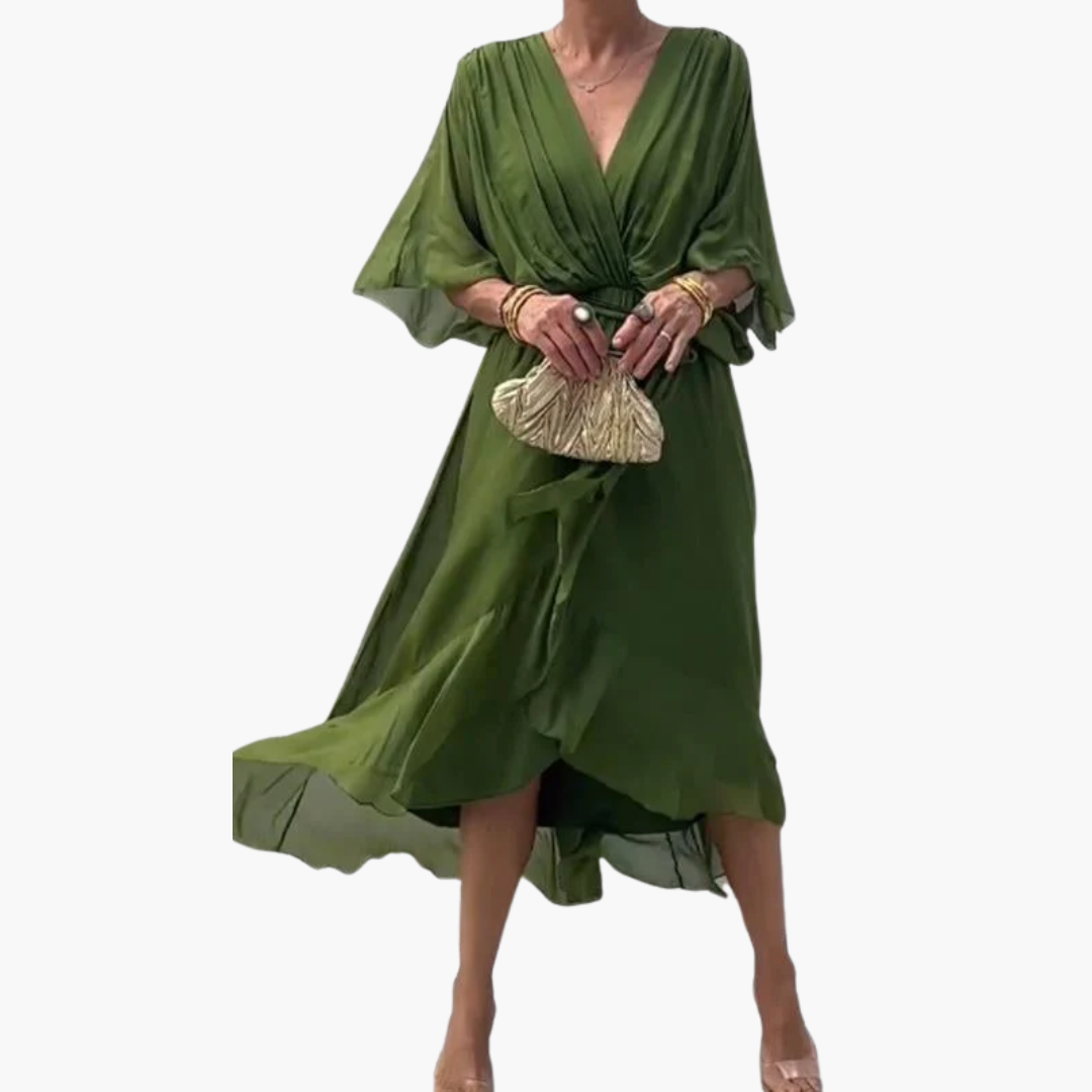 Chiffon Midi Dress with V-Neck and Belt - Women’s Stylish Wear