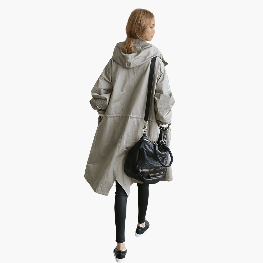 Women’s trench coat with hood and breathable water-repellent fabric
