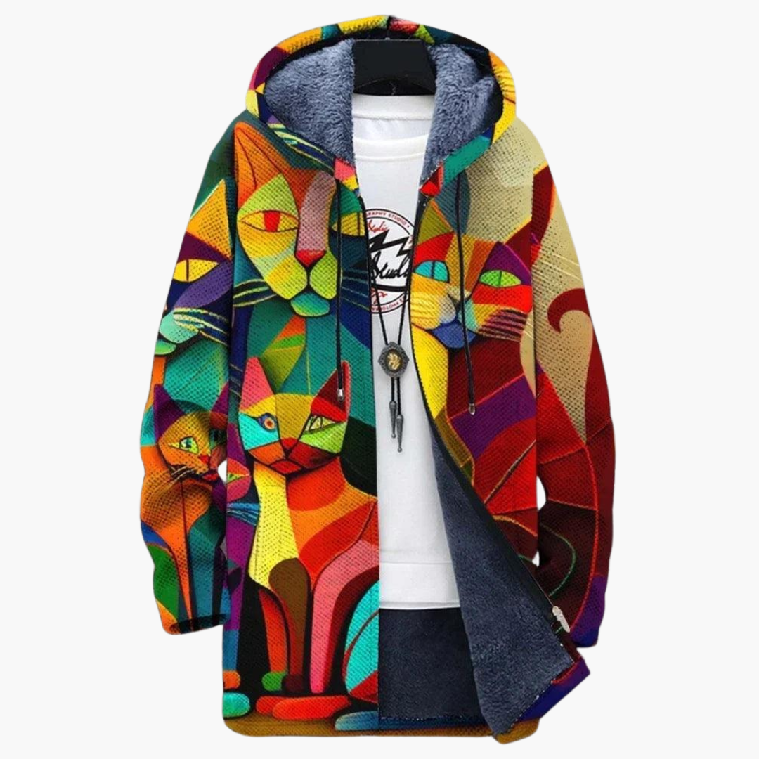 Cat Print Fleece Jacket - Men's Graphic Zip Up Hoodie
