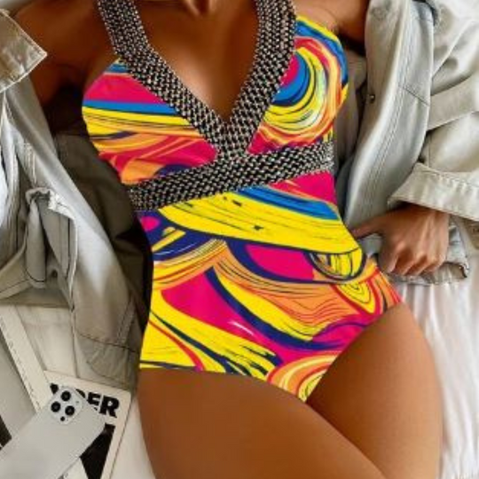 Printed Strappy Swimsuit - Women's Sexy One-Piece Beachwear