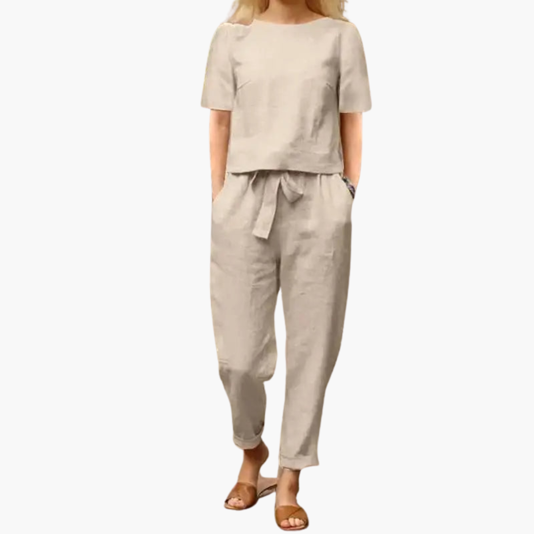Women's two-piece set with short-sleeve top and ankle-length trousers