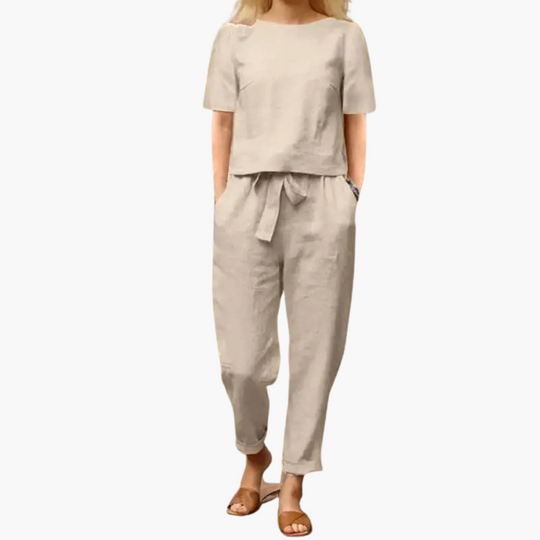 Women's two-piece set with short-sleeve top and ankle-length trousers