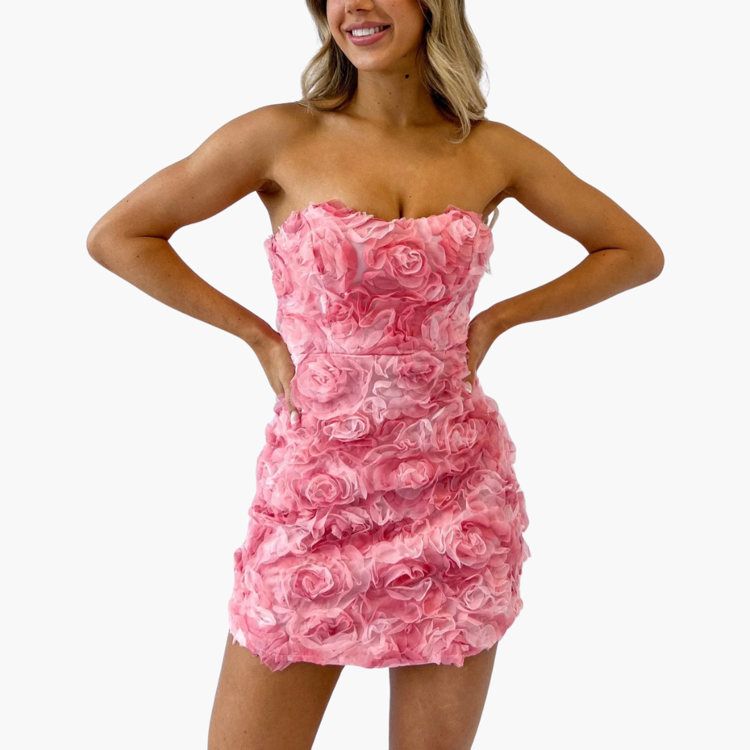 Strapless Floral Dress for Women - Elegant 3D Rose Design