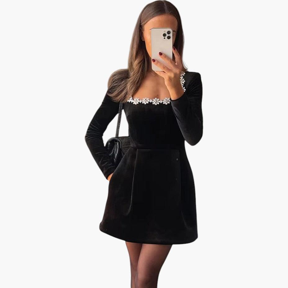 Velvet Long Sleeve Mini Dress - Elegant Pearl Detail for Women