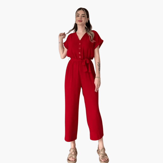 Casual Belted Jumpsuit – Women's V-Neck, Short Sleeve, Wide-Leg - IsabellaMae