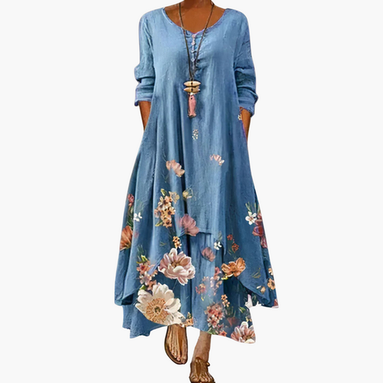 Women's summer maxi dress with long sleeves and floral print