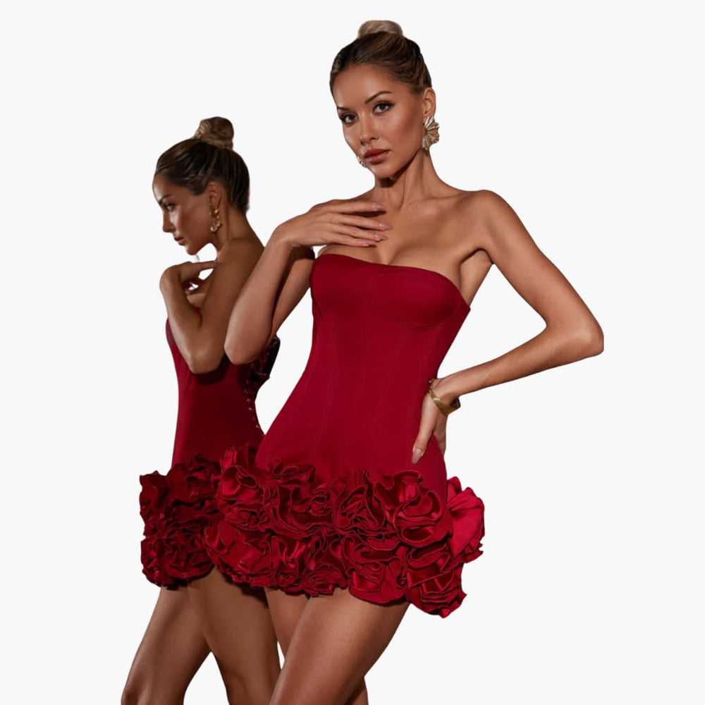 Women’s mini dress with strapless bodice and ruffled skirt
