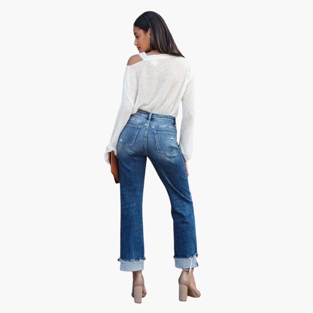 Women’s denim straight leg jeans with high rise and cuffed hems