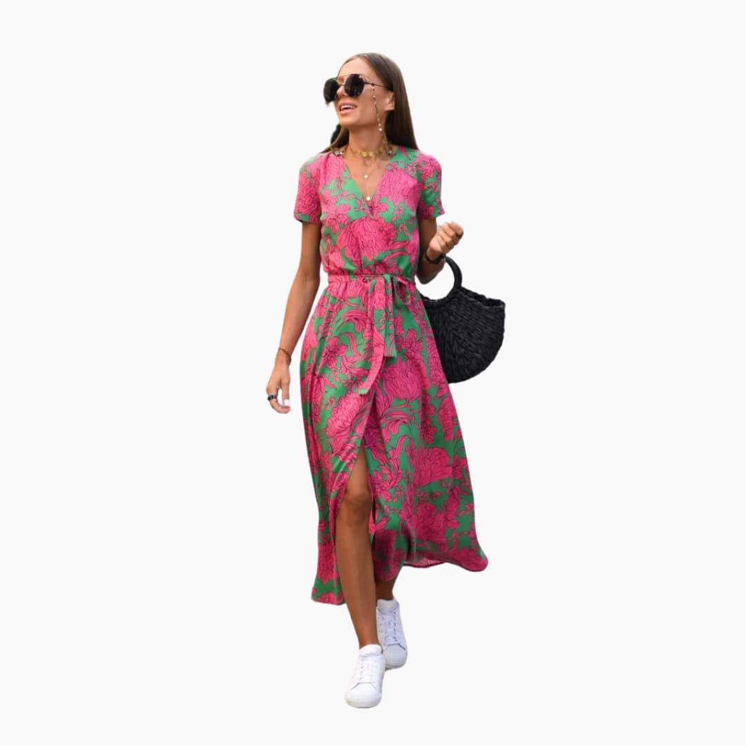 Floral Wrap Midi Dress with Tie Waist - Casual Dress for Women