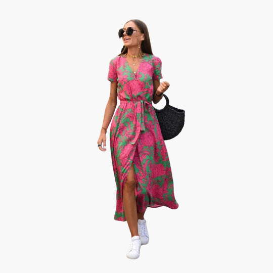 Floral Wrap Midi Dress with Tie Waist - Casual Dress for Women