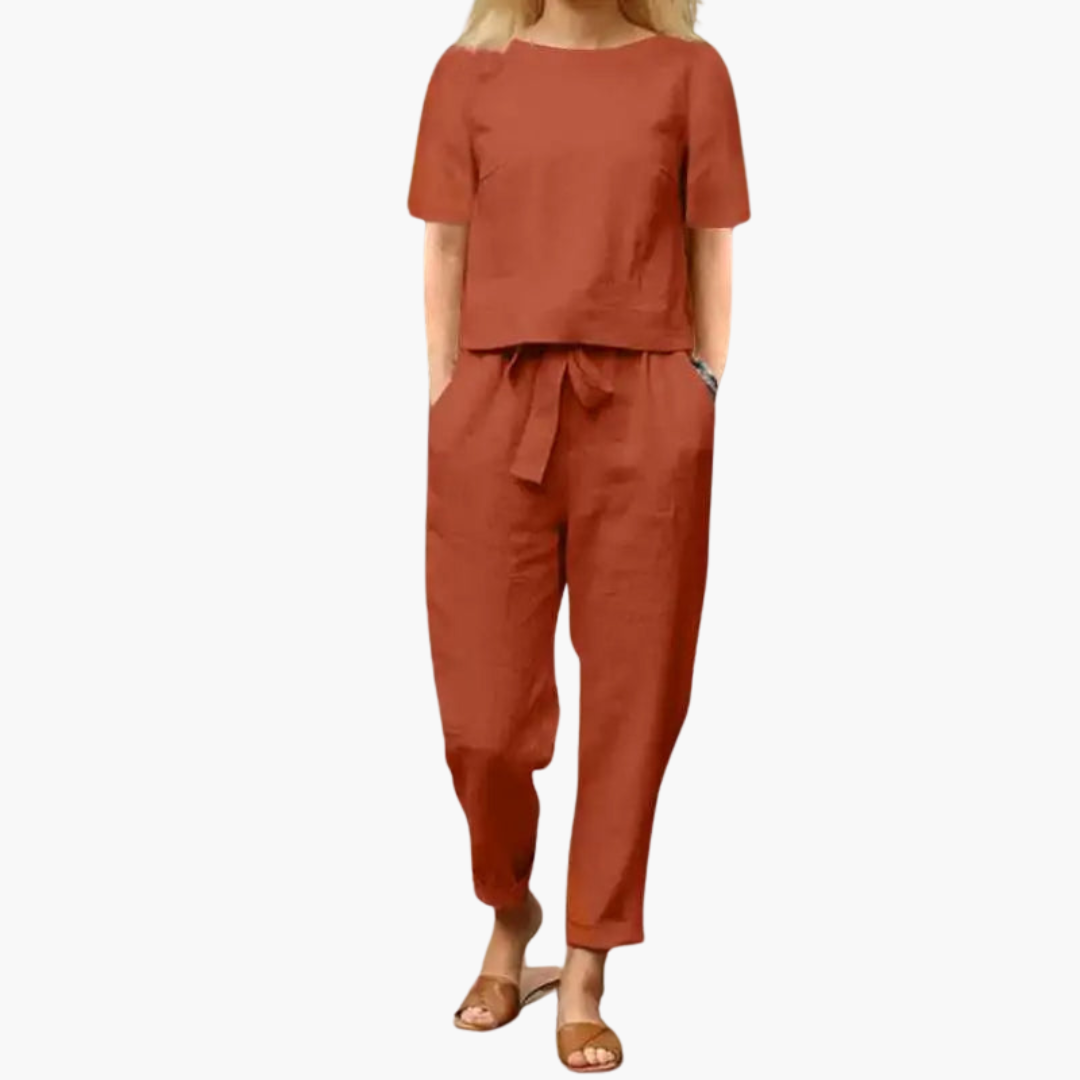 Women's two-piece set with short-sleeve top and ankle-length trousers