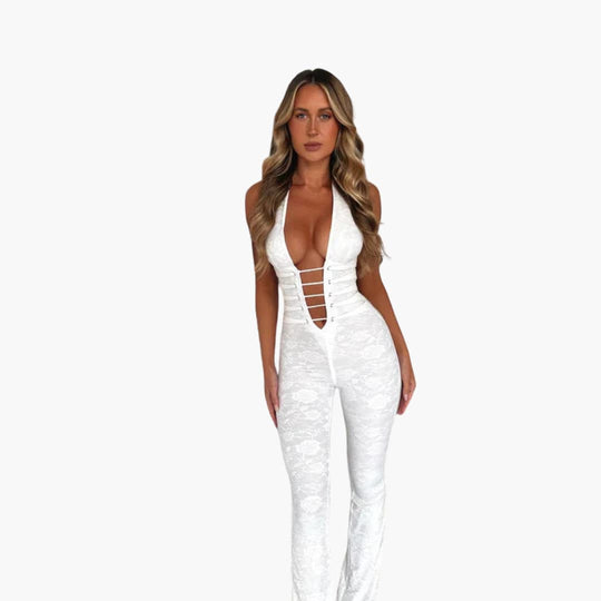 Women’s sleeveless jumpsuit with flared legs and lace-up front