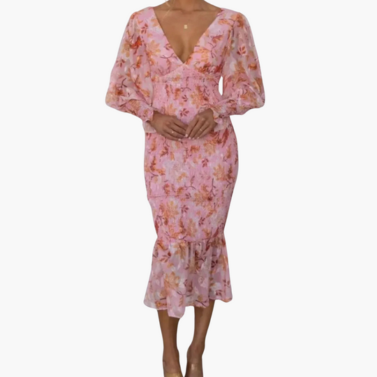 Puff Sleeve Midi Dress for Women - V Neck Floral Style
