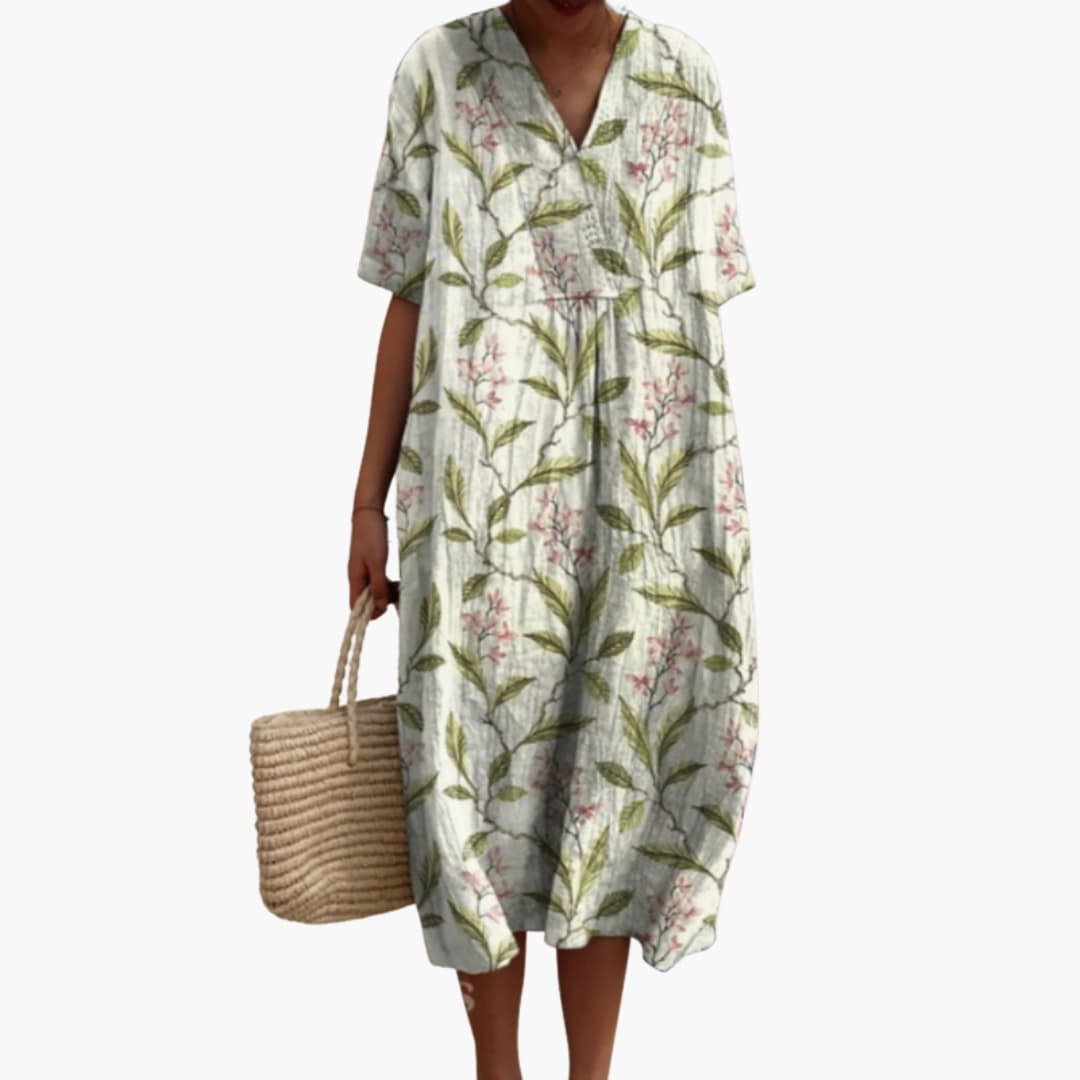 Women's floral summer dress with V-neck and short sleeves