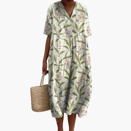 Women's floral summer dress with V-neck and short sleeves
