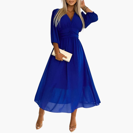 Chiffon Midi Dress for Women - V Neck Ruched Waist Style