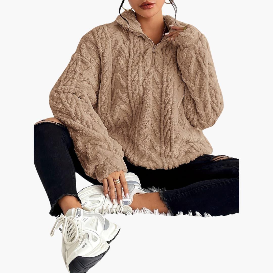 Cable Knit Half-Zip Fleece Sweatshirt - Cosy Fit for Women - IsabellaMae