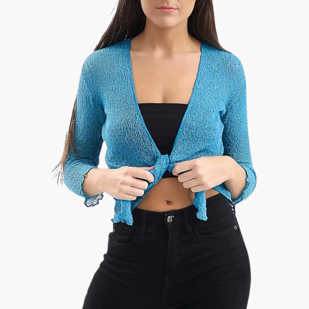 Women’s cropped tie-up shrug with sheer knit sleeves