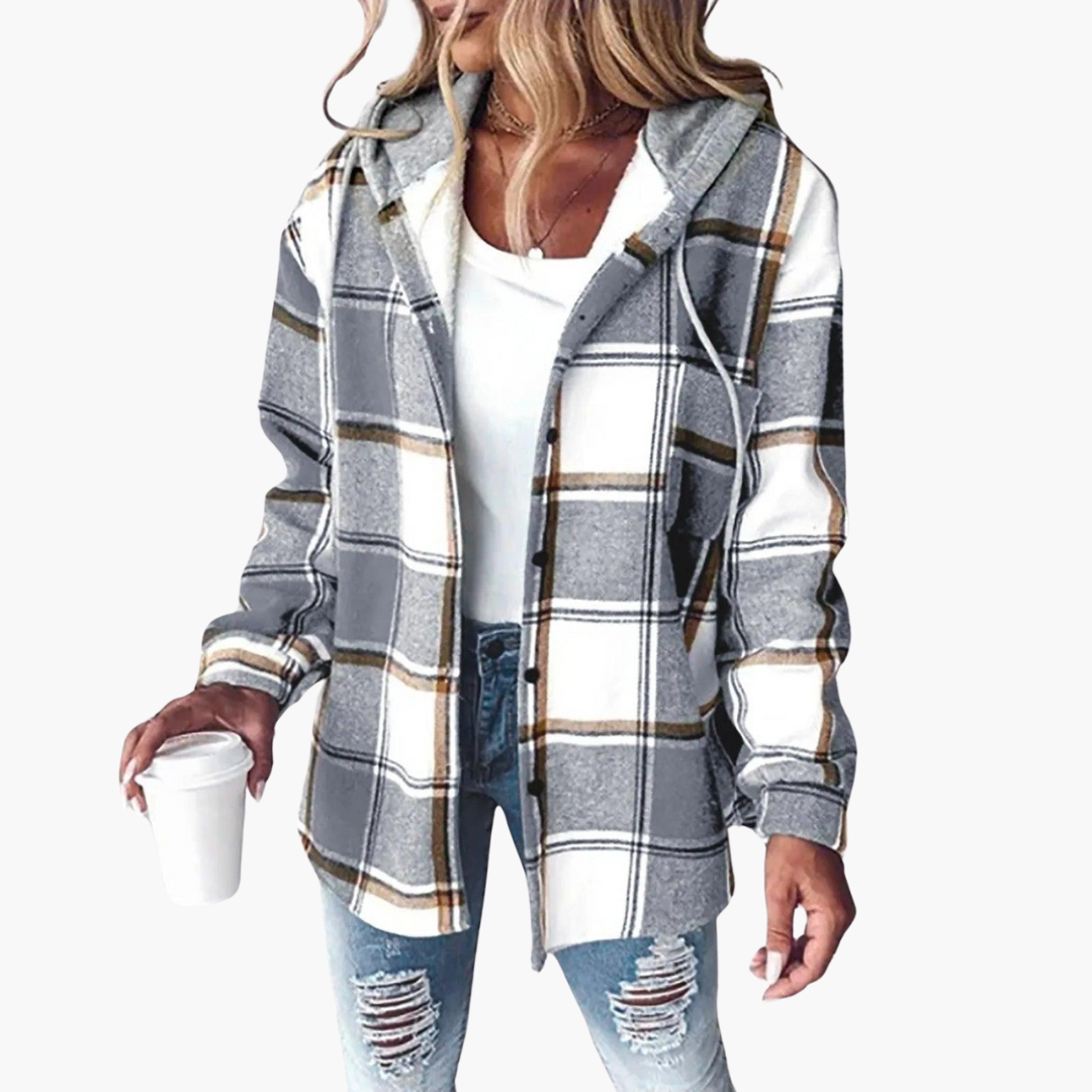 Plaid Flannel Shacket - Women's Hooded Button-Up Jacket